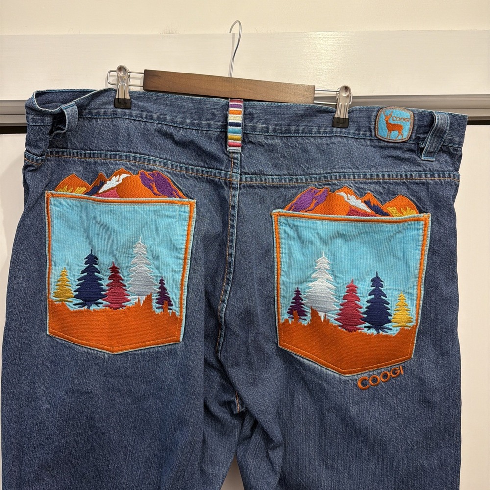 VTG Y2K Coogi Baggy Denim Jeans, Men's Sz 48x34, Mountains & Trees Wide-Leg HTF